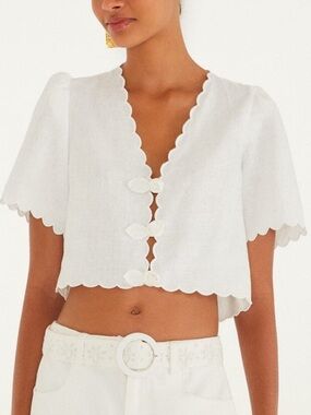 Farm Rio Off-White Roses Scallop Artisanal Top